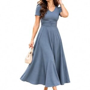 Womens V-Neck A-Line Maxi Dress with Ruched Cinched Waist | Elegant Short Sleeve Flared Western Outfit for Casual, Party and Vacation Wear